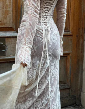 Elegant Vintage Hollow Out Lace Maxi Dress Long Sleeve