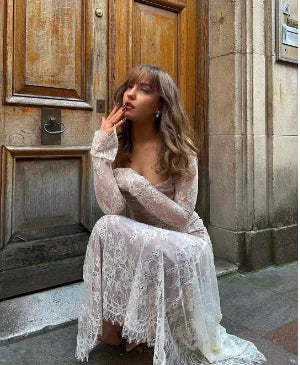 Elegant Vintage Hollow Out Lace Maxi Dress Long Sleeve