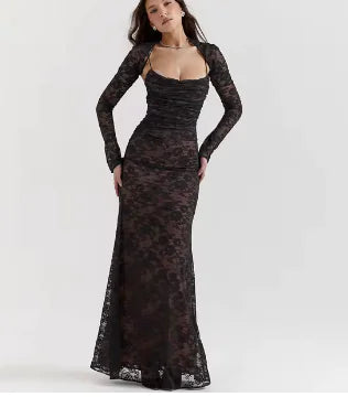 Elegant Vintage Hollow Out Lace Maxi Dress Long Sleeve